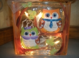 hand painted 8 x 8 lighted glass block in fun owls in a tree 