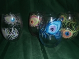 Hand painted assorted peacock stemless wines glasses. set of 4 