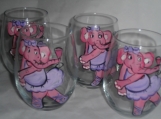 Hand painted pink elephant stemless wine goblets. set of 4 usa 