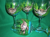 Fun Hand painted sea turtle swimming in sea goblets. set/4   