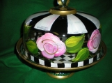 Hand painted cake plate in pink cabbage rose black/wh stripes 