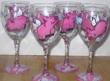 Hand painted flying wing  pigs over the clouds. Set of 4 goblets