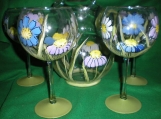 Hand painted lavender, blue & white daisies round pitcher/goblet