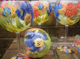 Hand painted orange poppies blue tulip wine glasses. set/4      