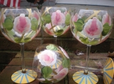 Hand painted pink roses with gold wine  glasses. set/4     -  