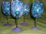 Hand painted watercolor style peacock goblets. S/4. teal/purple