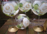 Hand painted white cabbage rose /gold balloon glasses. set/4    