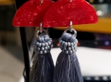 Gray and Red Tassel and Silver Elements Earrings 