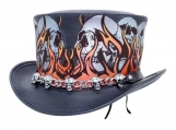 Burning Hell, Skulls And Flames Printed Top Hat With Skulls Chain - Black Steampunk Voodoo Hatter Handmade From Cowhide Leather
