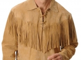 Men's Fringed Cowhide Suede Leather Long Sleeve Western Shirt
