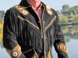 Men's Cowboy Western Cowhide Suede Jacket Black Color With Fringes # 3