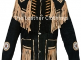 Men's Cowboy Western Cowhide Suede Leather Jacket Black Color With Fringes & Bones
