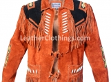 Men's Cowboy Western Cowhide Suede Leather Jacket Brown Color With Fringes, Beads & Bones