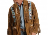 Men's Liberty Wear Eagle Bead Fringed Suede Leather Jacket - Handmade in Camel Brown Color