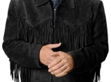 Men's Western Cowboy Fringed Short Jacket - Handmade from Finest Cowhide Suede Leather In Black Color