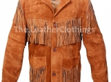 Men's Western Cowboy Fringed Suede Jacket - Handmade from Finest Cowhide Leather in Brown Color