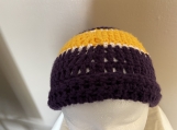 Hat/Beanie purple, white, and gold