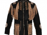 Fringes & Beads Western Cowboy Black Brown Suede Leather Coat