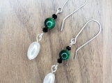 Green Tigers-Eye with pearl painted glass beads, dangle earrings
