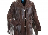  Native Indian Western Cowboy Coffee Brown Suede Leather Coat