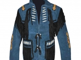 Native Western American Cowboy Blue Suede Leather Coat 