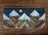 Rustic mountain wood wall art with night sky, moon and stars