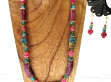 Ceramic Art Beads & Cherry Quartz Necklace & Earrings