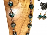 Gold & Teal Art Glass Necklace & Earrings