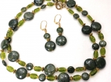 Lizardite Serpantine & Green Art Glass Necklace Set