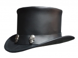 Tri Skull Band Black Leather Top Hat