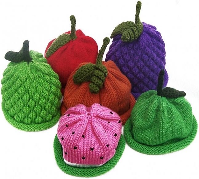 Knitted Fruit Hats by L A Originals.