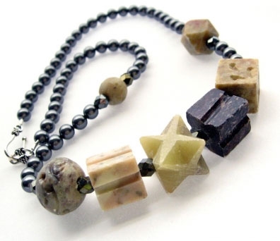 Handmade Edgy Swarovski Crystal Pearls & Carved Soapstone Necklace. 