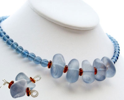 Translucent Frosted Blue Glass Bead & Sterling Necklace 