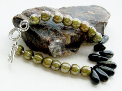 Handmade Black Olive Branch Czech Glass Contemporary Bracelet.