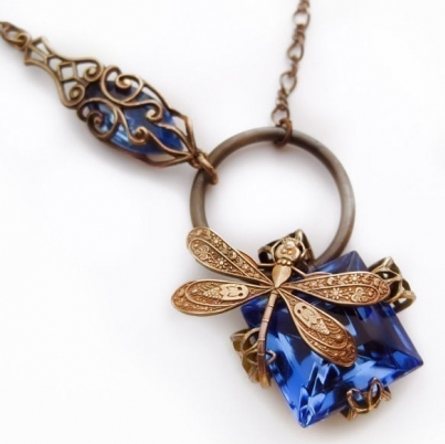 Dragonfly necklace cobalt blue Art Deco asymmetrical original 