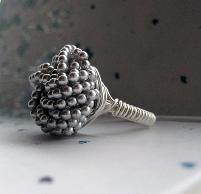 Silver Seed Bead Vintage Button Wire Wrapped Ring 