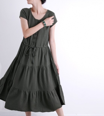 Cotton and linen short-sleeved casual dress Long 