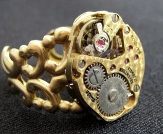 Steampunk brass filigree watch movement ring