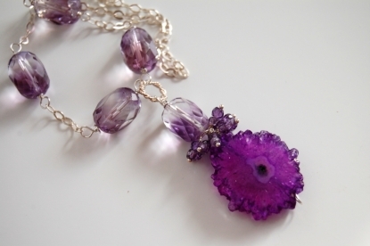 Purple stalactite slice and amethyst necklace