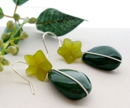 Garden Carved Yellow Jade and Green Acrylic Earrings