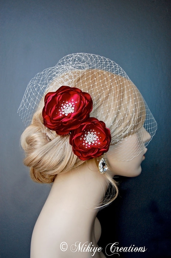 Bridal Hair Flowers - Sash Accessory - Brooch - Vixen Red Blooms by Mikiye Creations
