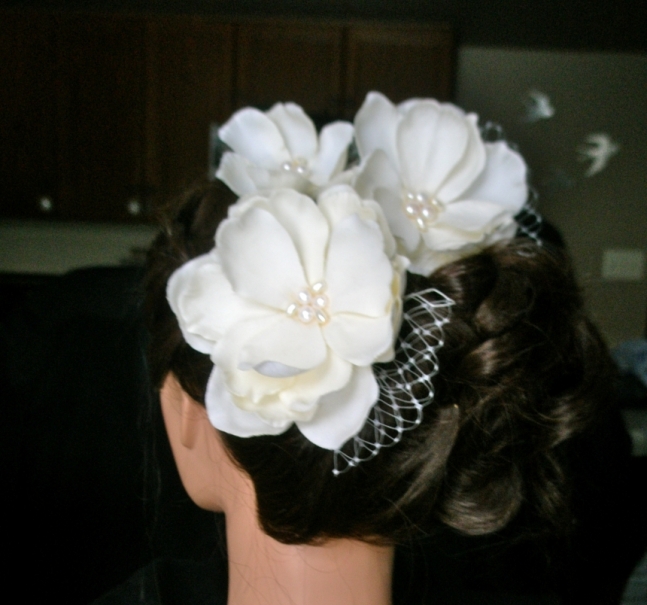Three Magnolias Flowers with Creamy Seed Pearls Hairpiece