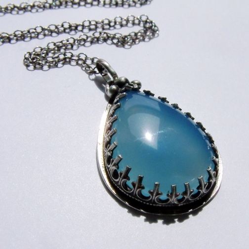 Silver Quartz Pendant - sterling and teardrop blue chalcedony