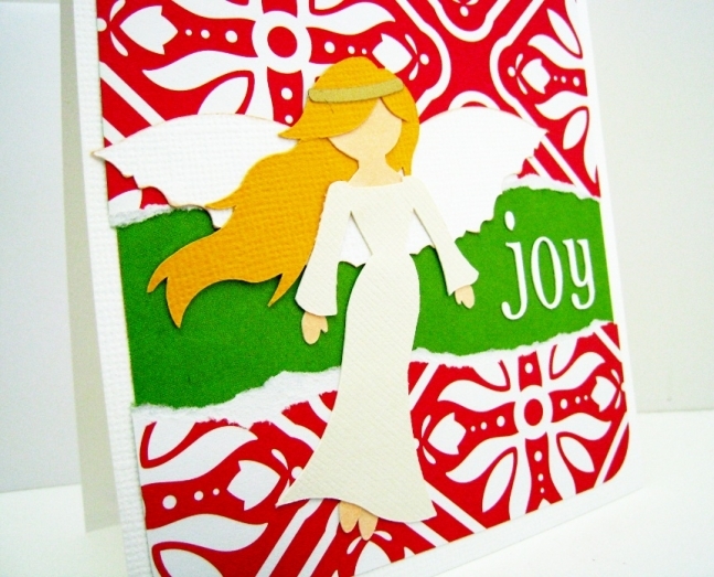 Christmas Angel card with a blond angel on red handmade card.