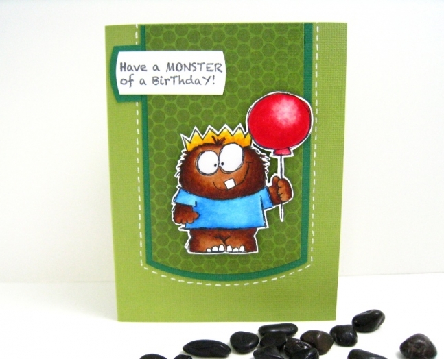 A masculine birthday card for a boy with a hand stamped monster. 