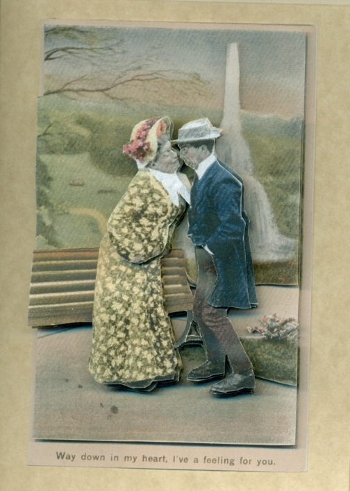 vintage valentine with older couple kissing in park