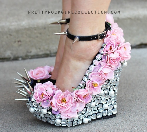 Rhinestone And Flower Wedge Shoes