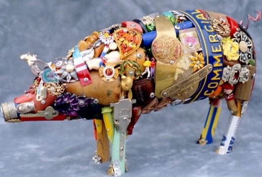 Pig made out of recycled materials.