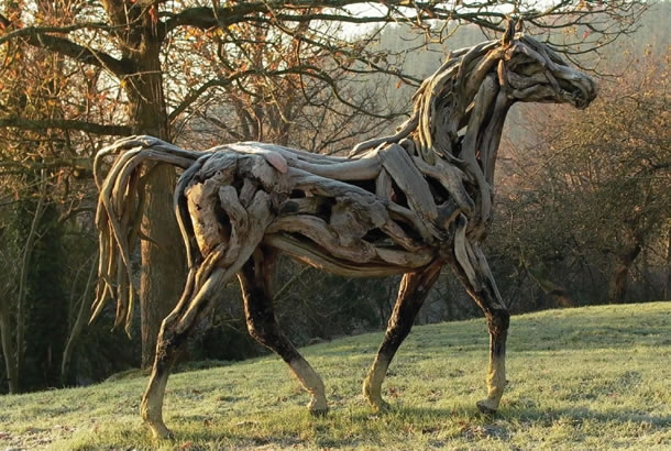 Horse made entirely of driftwood