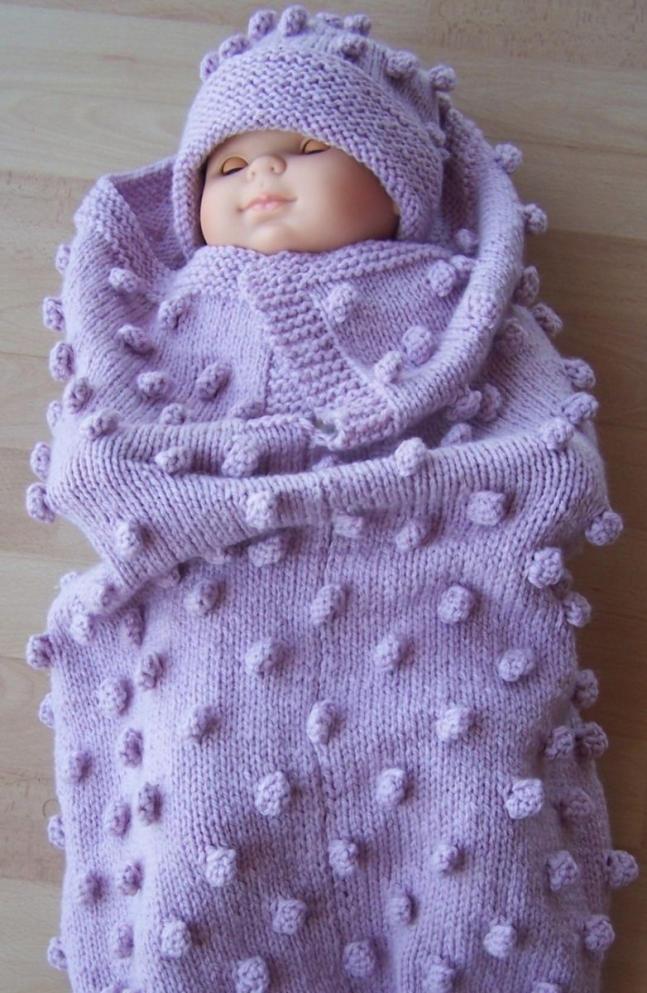 Hand Knitted Rose Pink Baby Papoose And Hat Set